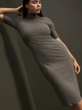 Athleta Signature Rib Mock Neck Midi Dress in Grey Heather